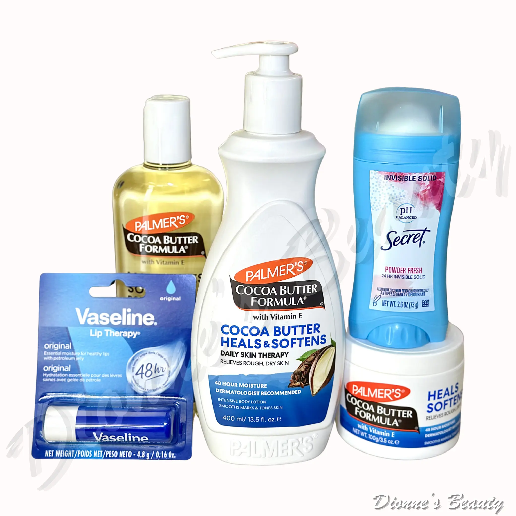 Cocoa Radiant Repair Kit (Palmer's Cocoa Butter Body Oil 8.5Oz + Cocoa Butter Heals & Softens Lotion 13.5Oz + Cocoa Butter Cream Jar with Vitamin E 3.5Oz + Secret Powder Fresh Deodorant 2.6Oz + Vaseline Lip Therapy Original Jar 0.16Oz)