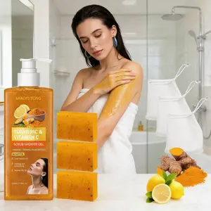 Turmeric Vitamin C Scrub Shower Gel & Turmeric Lemon Soap Set, Moisturizing Body Wash, Moroccan Shea Butter, Rich in Vitamin E, Gentle Cleansing, Moisturizing, All Skin Types