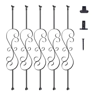 VEVOR Staircase Metal Balusters,  44'' x 1/2" Galvanized Steel Decorative Banister Spindles, 5 Pack S Shape Deck Baluster, Hollow Satin Black Spiral Stair Railing with Shoes & Screws