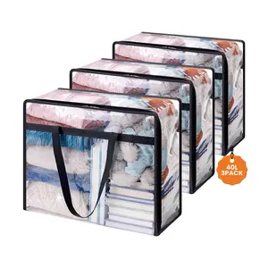 3 Pack Clear Foldable Storage Bags, 40L Vinyl Under Bed Containers with Zippers and Black Trim, Multifunctional Closet Organizer for Bedding Blankets Duvets and Toys