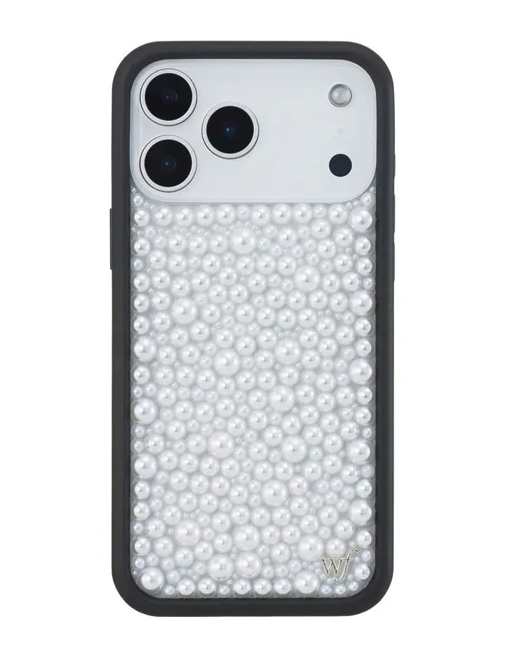 White Pearl | Limited Edition Trendy iPhone Case | Raised Protective Black Bumper | Women Owned Small Business | Shiny Polished White Pearls Sparkling Cute Aesthetic | Safety Casing Protective | Gift for Her