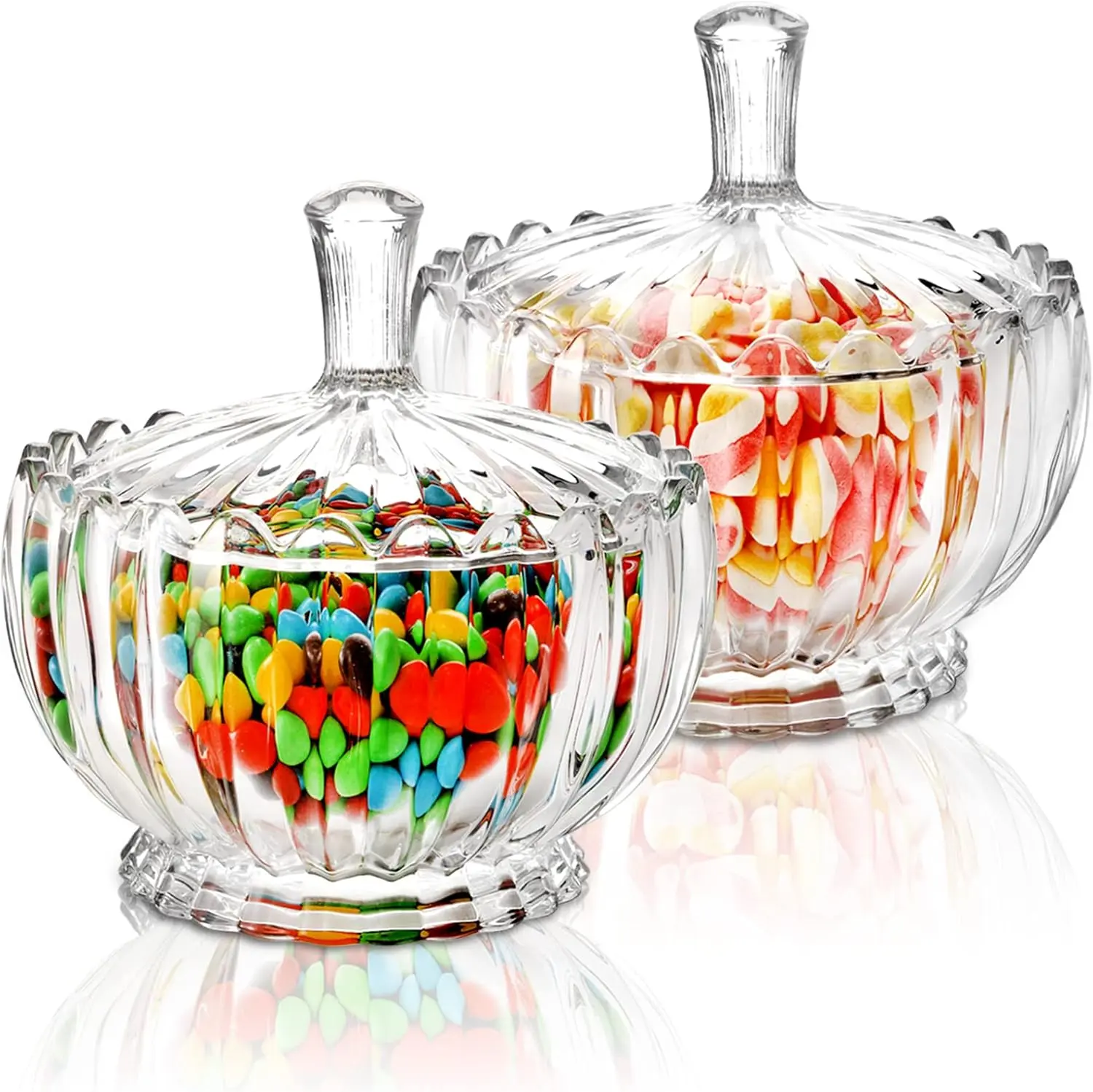 2 Pack Glass Candy Dish with Lid Large,Crystal Decorative Covered Sugar Bowl, Clear Biscuit Barrel Candy Buffet Box Storage Container for Snack, Gift, 6", Vintage Stripe Style