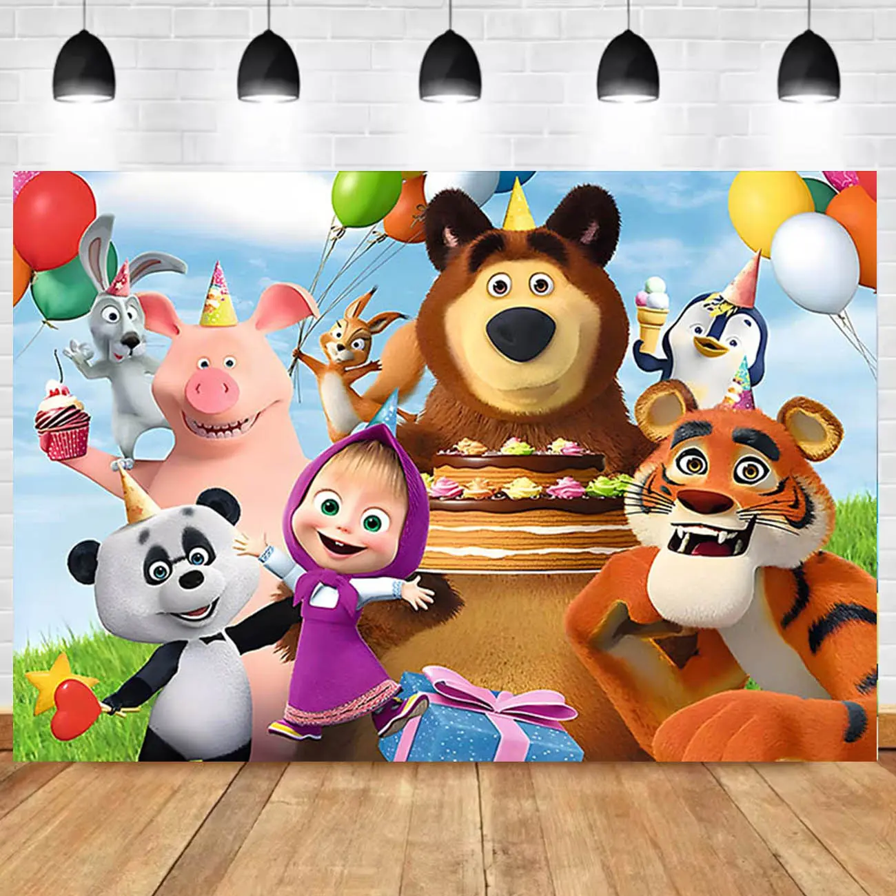Masha and Bear Theme Polyester Children's Birthday Party Backdrop Cloth, Studio Photography Prop, Lightweight Festive Decoration Banner for Anniversary Events