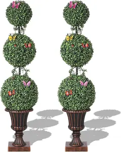 4 FT UV-Resistant Artificial Triple Ball Topiary Trees Set of 2, with Trophy Flower Pots, Vines, Insect & Decorative Fruit Accents, Outdoor/Indoor Home Office Porch Decor, Ideal Gift