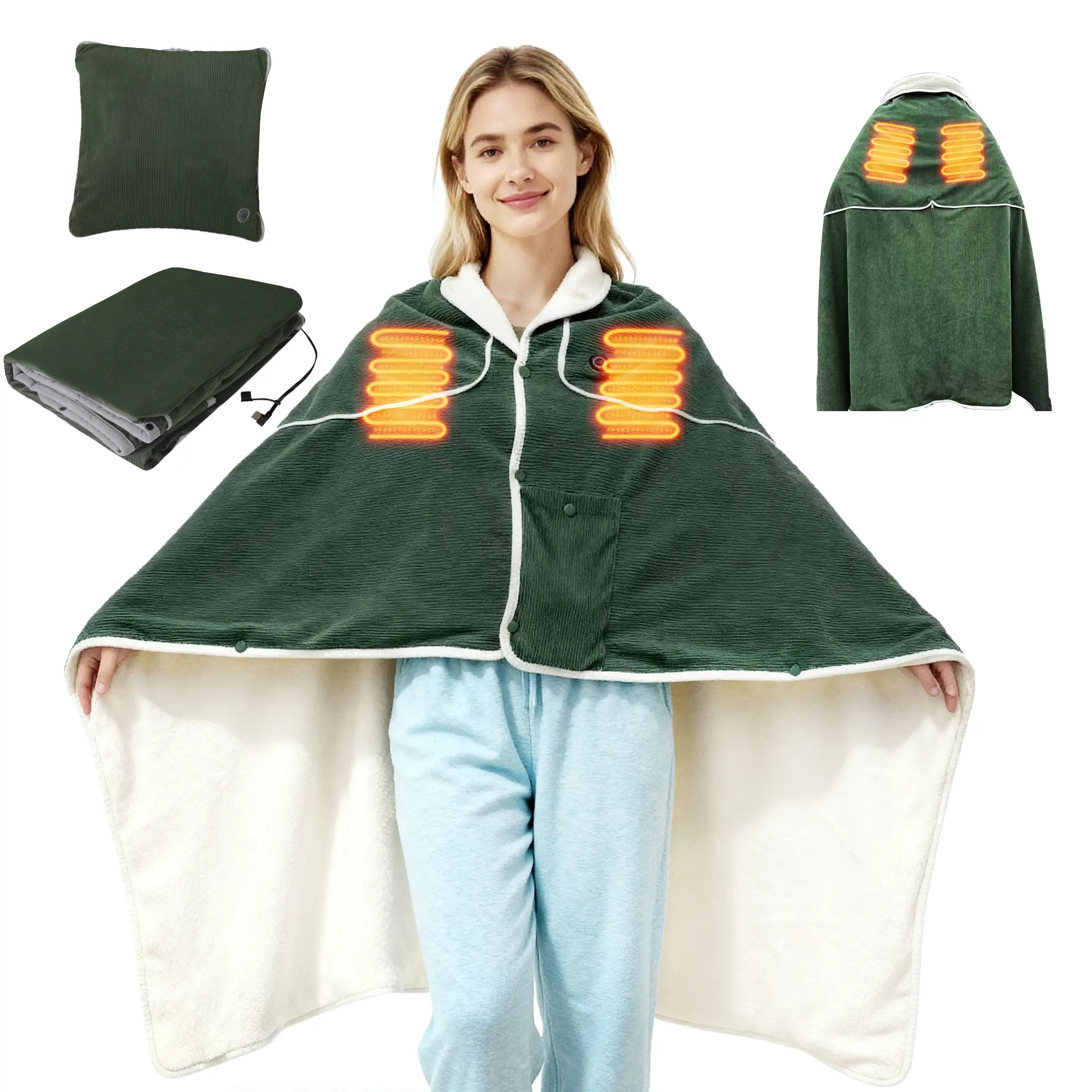 4-in-1 Plain Heatable Portable USB Blanket Shawl - Shawl Shape, Pillow & Pad, Father's Day Gift, 3-Way Heat Settings, Fast Warmth, Built-in Heater, USB Port, Does Not Include 5V/3A Power Bank, for Home & Office, TikTokShopBlackFriday