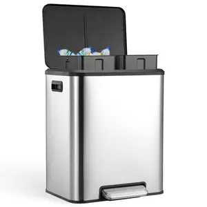 Gaomon 8gal Stainless Steel Hands-Free Dual-Bin Kitchen Garbage Can, 4gal+4gal Trash Can for Kitchen with Removable Liners, Silver Recycling Bin