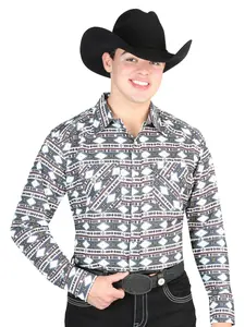 El General Men's Long Sleeve Western Fashion Snap Button Shirt - Gray/Khaki 44308