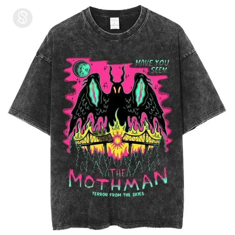 24-Hour Shipping Mothman Graphic Cotton T-Shirt - Unisex Oversized Retro Washed Short-Sleeve Top, Halloween Apparel, Full Color, Full Sizes, Shortsleeve, Tshirt, Streetwear, Fabric, Soft, Round Neck