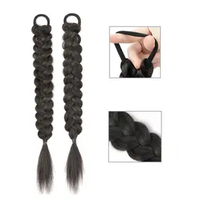 2Pcs Braided Ponytail Extensions with Hair Ties Natural Black Soft Synthetic Hair Pieces for Women Girls Daily Wear 16 Inch