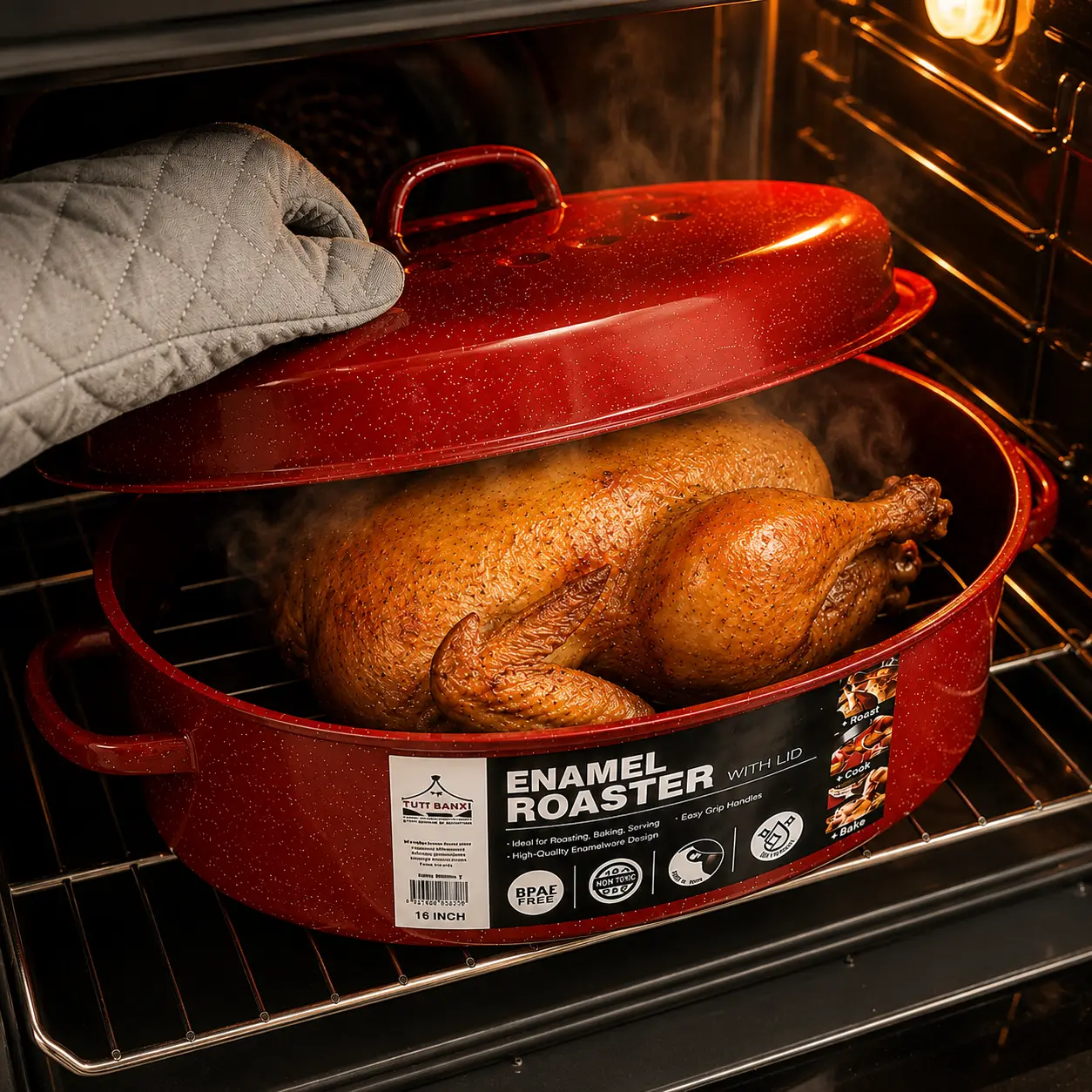 16-Inch Turkey Roaster Pan with Lid and Rack, Red Speckled Enamel Oval Roasting Pan, Covered Oven Roaster for Chicken, Meat, Thanksgiving Christmas Cooking & Baking, Silicone Trivet Mat Included Cookware