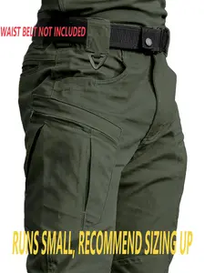 Men's Adjustable Waist Tactical Work Pants with Zipper Pockets, Plain Durable Fabric Pants, Casual Outdoor Hiking & Construction