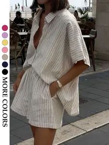 Women's Casual Linen Striped Set, Loose Fit Collared Button Front Shirt & Elastic Waist Shorts, Summer Beach, Two-Piece Ensemble Beachwear, Beach Outfits Set