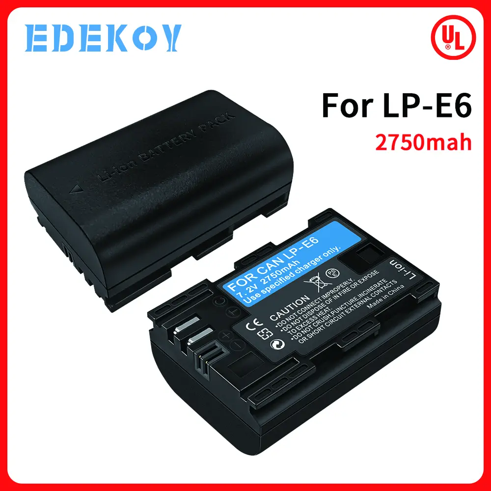 EDEKOY LP-E6 Lithium Battery for Canon EOS Cameras | 7.2V 2750mAh with USB-C Fast Charging | Compatible with 90D, 80D, 7D Mark II | ISO-Certified & Circuit Protection Power Backup