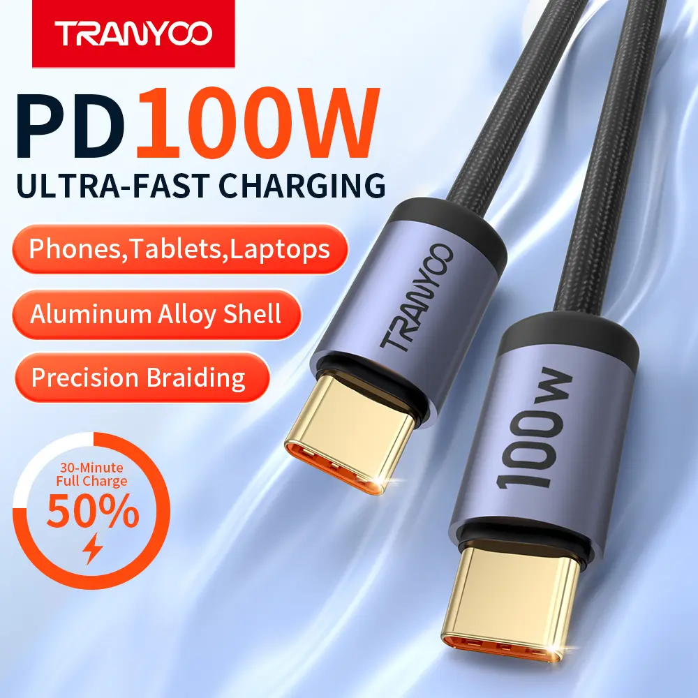 TRANYOO T-CC-4 100W USB-C Fast Charging Cable 2M, PD 5A E-Marker, 48-Braided Nylon Cord with Aluminum Alloy & Gold-Plated Connectors, Fast Charge for Laptop, Tablet & Phone summerwins