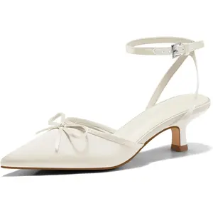 Coutgo Womens Satin Kitten Low Heels with Bow Closed Pointed Toe Short Pumps Dress Wedding Party Shoes