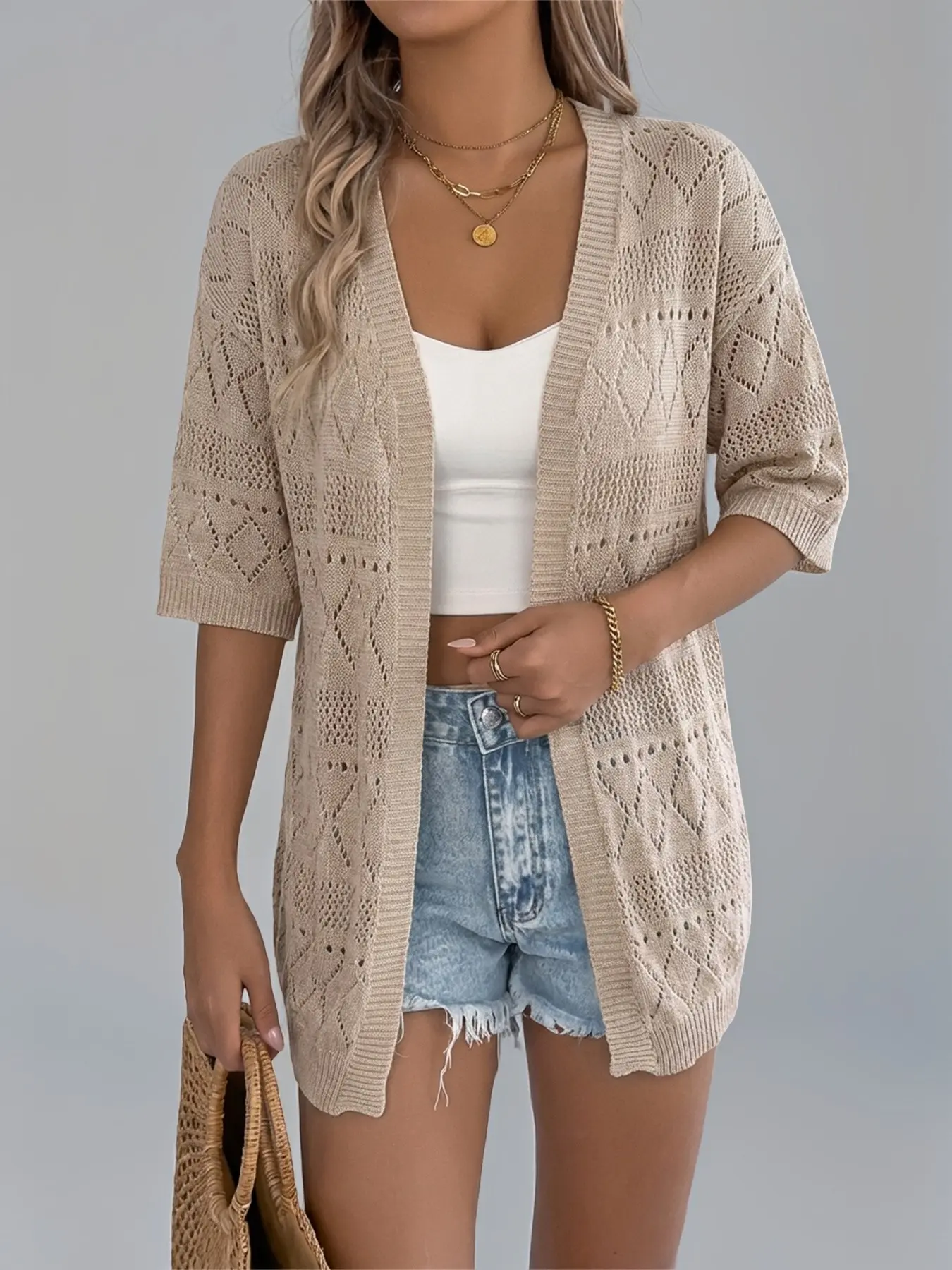 Women's Casual Crochet Knit Cardigan, Solid Open Front V-Neck Top, Long Sleeve Summer Vacation Beach Cover Up, Knitwear, Tops, V-Neck Cut