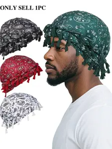 Men's Turban, Unisex Paisley Print Double-layer Turban with Unique Braided Design, Versatile Headwrap for Casual & Outdoor Activities, Black / White, Tassel Design Turban, Scarf Head Wrap, Headscarf