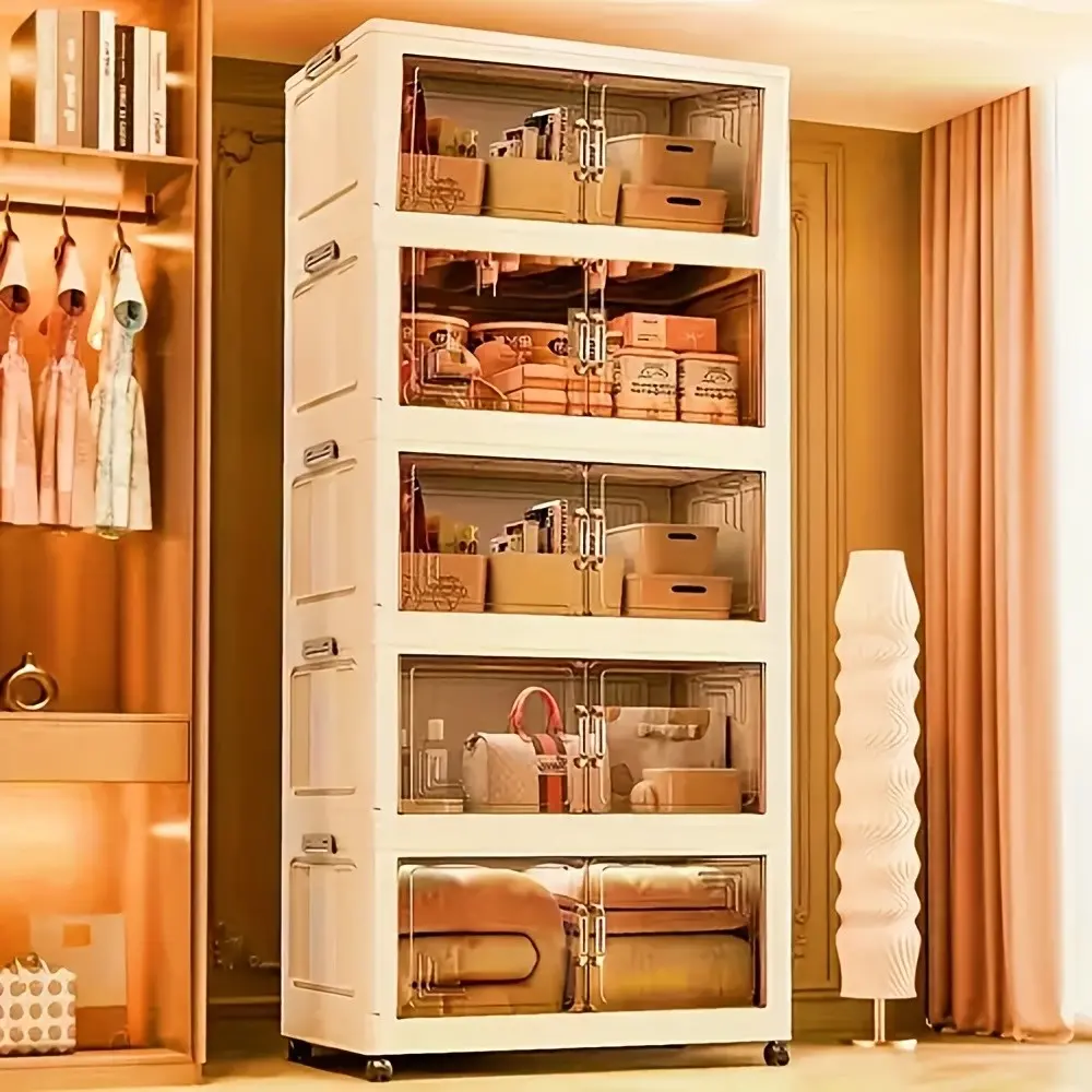 29-gallon Storage Cabinet, 3/4/5 Layer Foldable Plastic Drawers with Wheels, Transparent Stackable Organizer Box, Suitable for Bedroom, Living Room, Mother's Day Gift