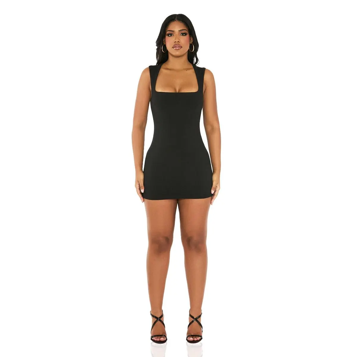 Valora Mini Dress (Black) - Women’s Bodycon Party Dress, Fitted Crepe Stretch with Wide Straps & Back Zip Closure Casual Fabric