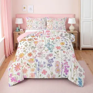 Cute Pink Floral Bedding Set,Colorful Boho Flower Comforter Set,Farmhouse Watercolor Wildflower Quilt Bed Set,Rustic Flowers Bed Comforter Set