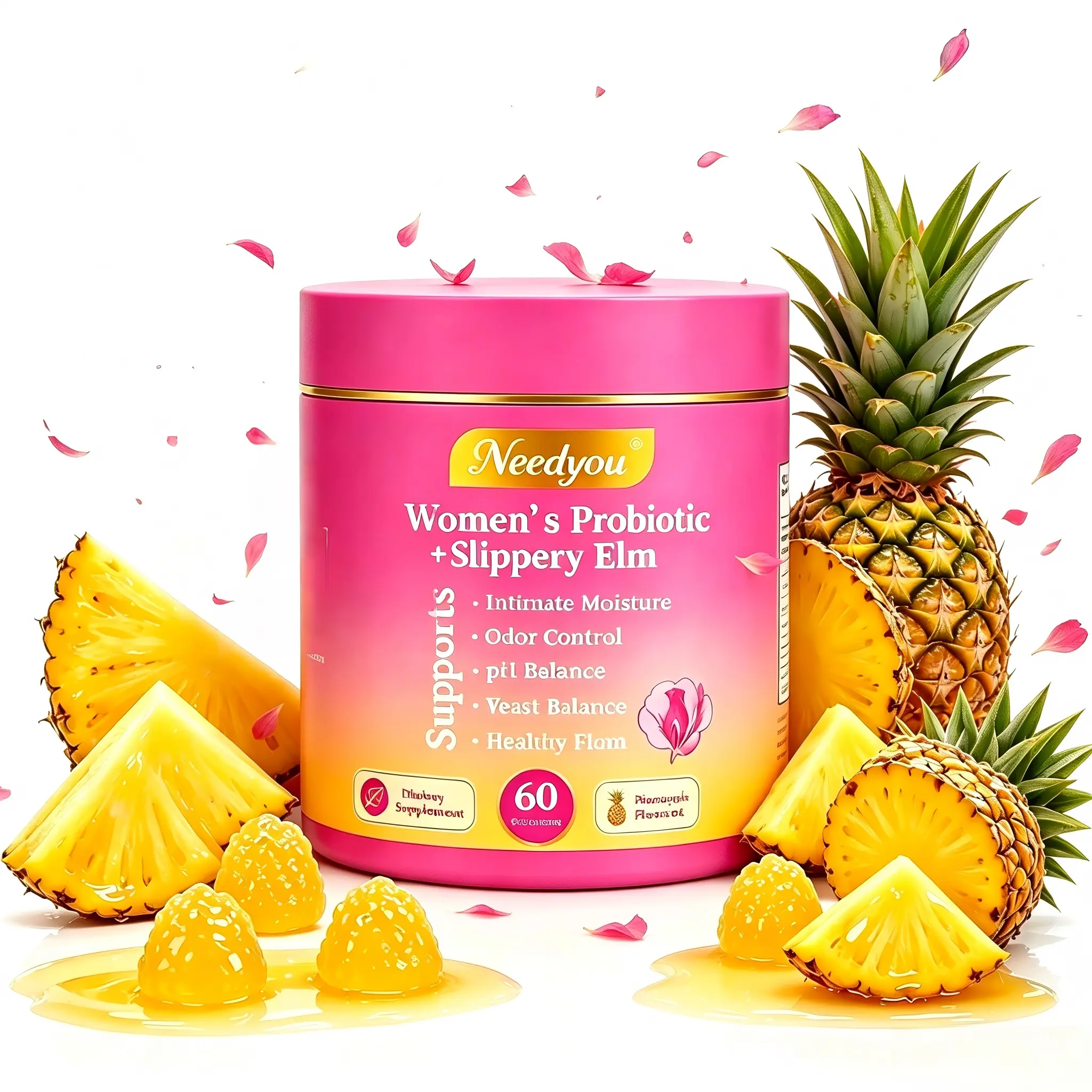 Her Juicy Feminine Probiotics Gummies – Multi-Benefit Blend Slippery Elm, Prebiotics & Lactobacillus for Women’s Flora Balance & Dryness Comfort, Hawaiian Pineapple 60 Counts Probiotics