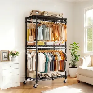 Rolling Clothes Rack, Heavy Duty Clothes Rack with Wheels, 3 Tiers Adjustable Wire Shelving Clothes Rack with 2 Clothes Rails and Side Hooks, Freestanding Portable Closet Organizer, Black
