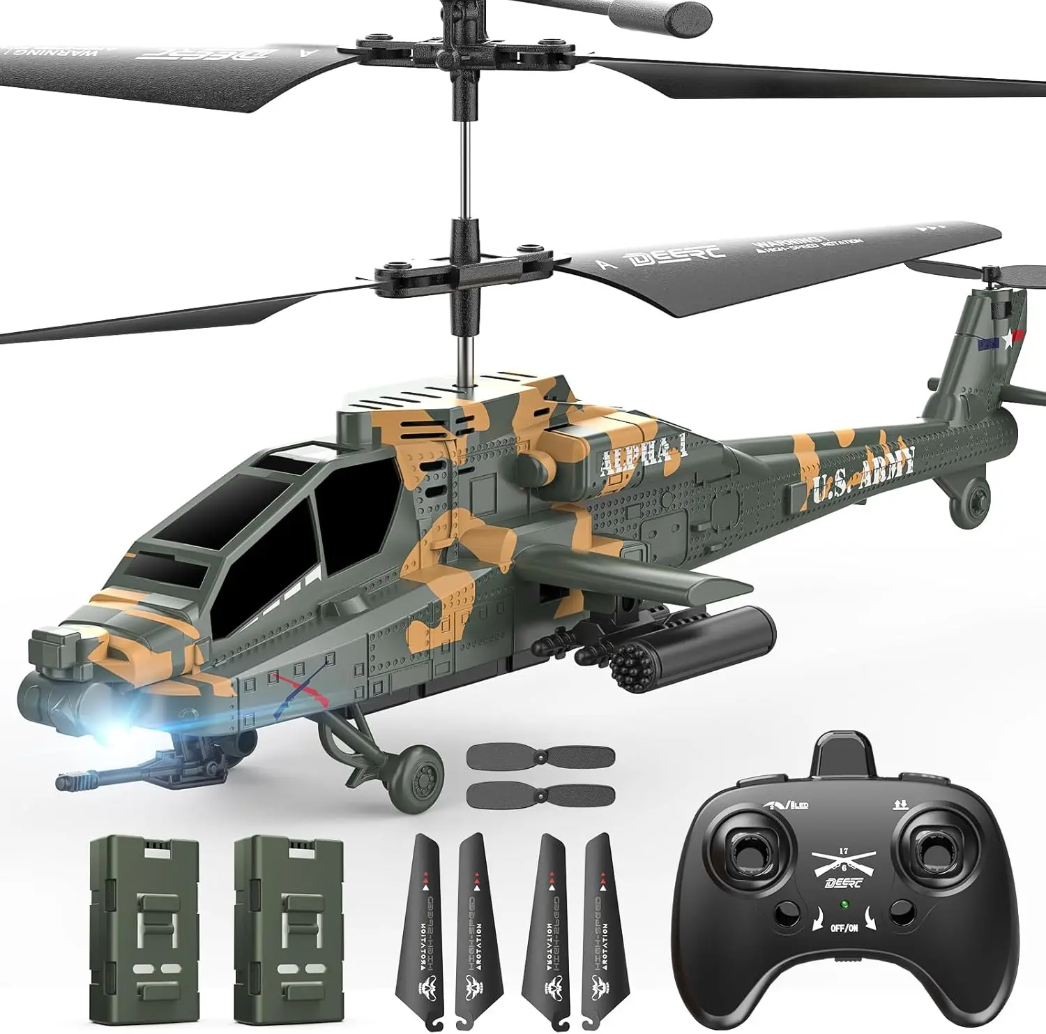 DEERC Apache RC Helicopter, Remote Control Helicopter, Helicopters Toy with 26 Mins Flight Time (2 Batteries), LED Lights, Altitude Hold outdoorfun