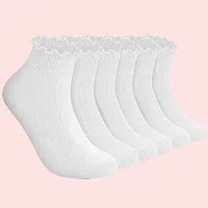 Ruffle Womens 6 Pairs Cute Ankle Lettuce Edge Frilly Crew Socks for Bridal & Womenswear Comfortable Stylish Colorblock Thermal Lined Over-the-Knee Compression Backless Bodysuit with Cup Kawaii Embroidered Floral Knee-High Heatless Curl Women Pastel Flower