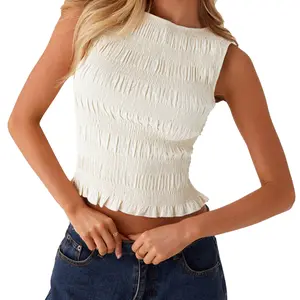 Women’s Shirred Tank Tops Sleeveless Round Neck Solid Color Frill Smocked Tops Summer Shirts