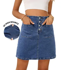 Sidefeel Women's Jean Skirt High Waist Summer Stretch Zimbaplatinum Denim Skirt Button Knee Length Skirt with Pockets