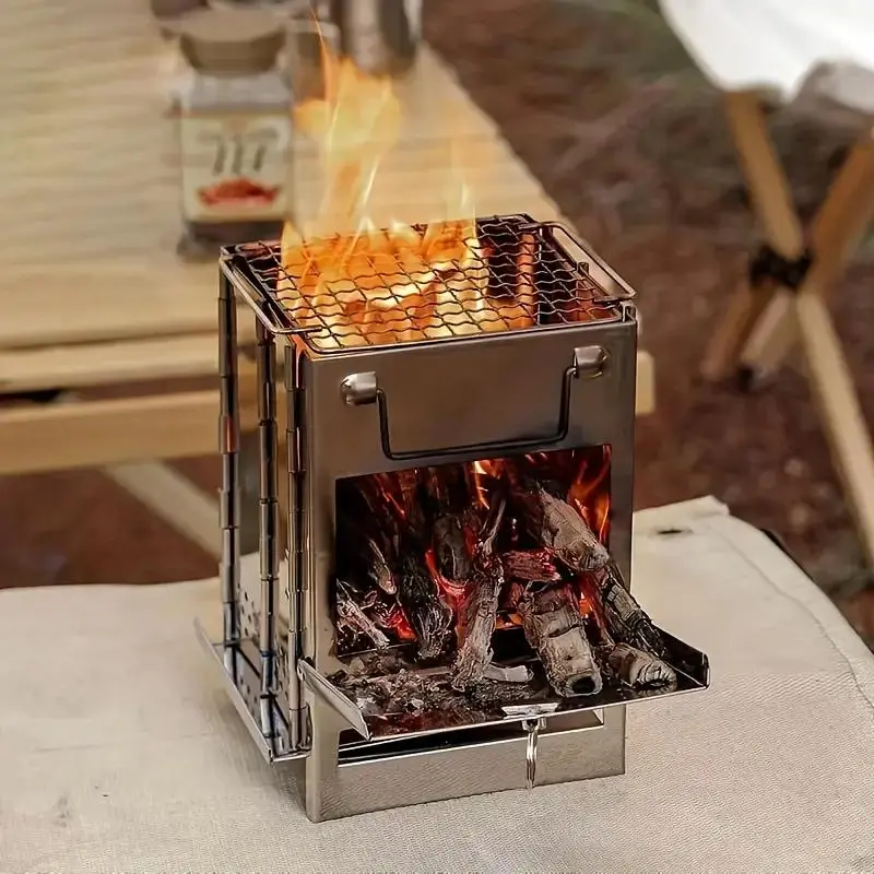Portable Mini Folding Wood Burning Camping Stove, Lightweight Stainless Steel Wood Stove, Perfect for Camping, Picnics, BBQ and Outdoor Cooking, Camping Cooking Equipment
