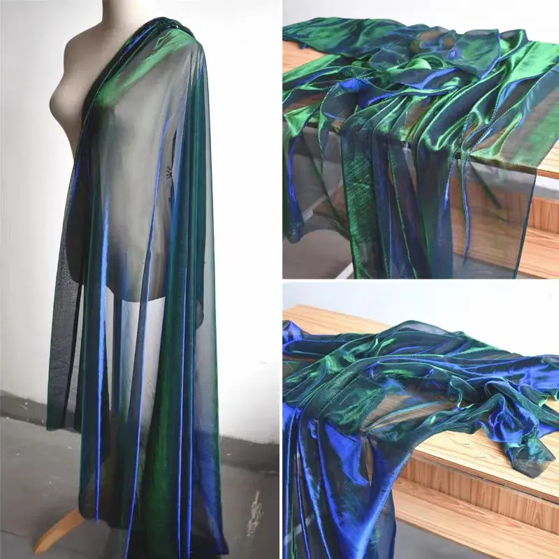 Iridescent Color Changing Chameleon Sheer Mesh Tulle Fabric, Blue Green Shimmer Organza for Costume Making & Photography Backdrop