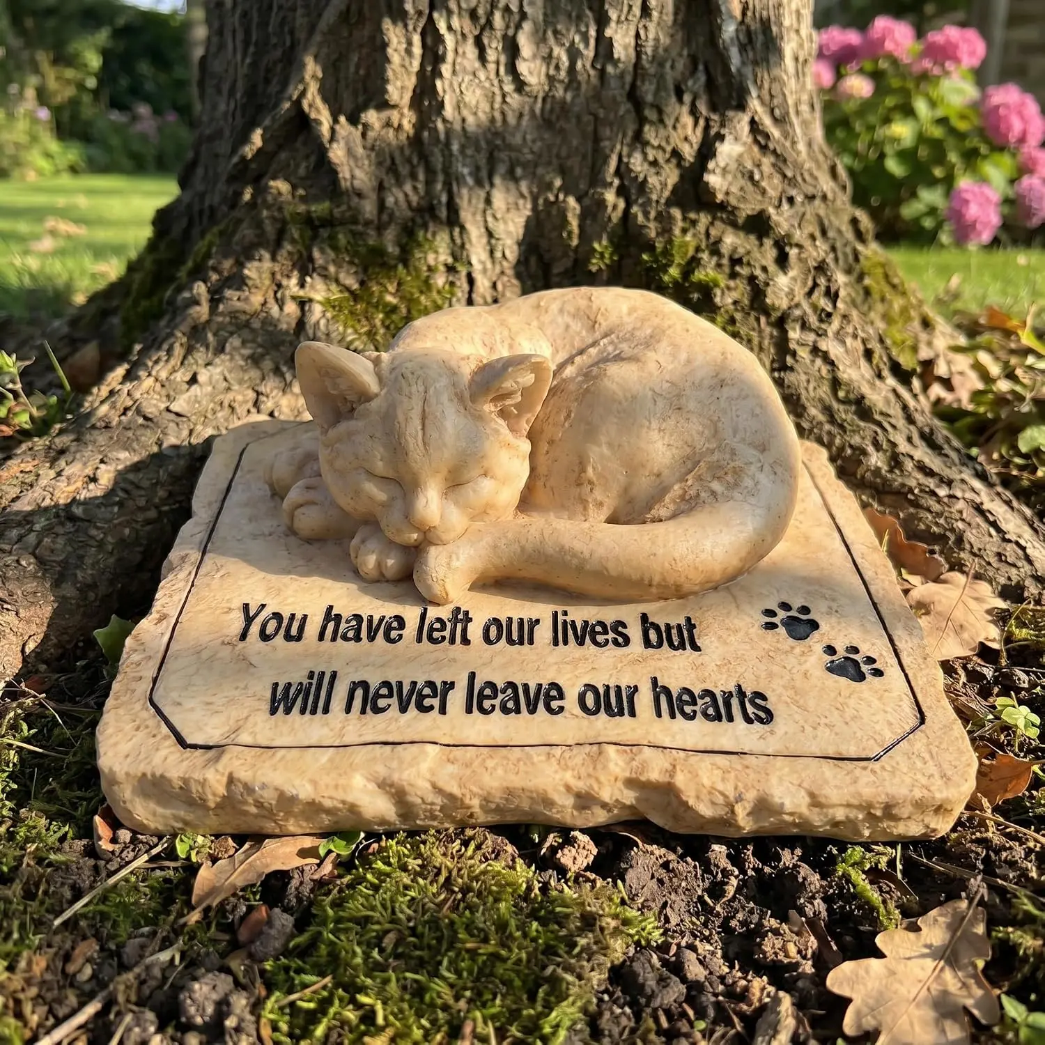 Cat Memorial Stone 8.5x7x3.5 inches with "You Have Left Our Lives But Will Never Leave Our Hearts" Engraving