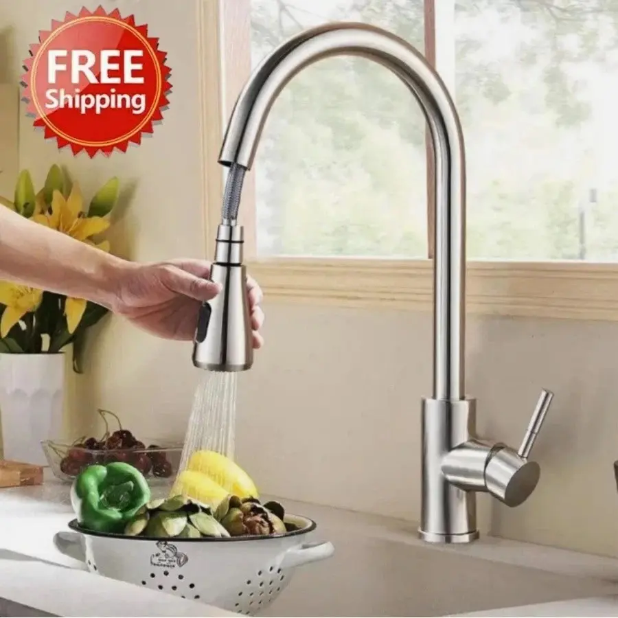 Brushed Nickel Kitchen Sink Faucet, Single Handle Pull Down Sprayer, 360° Swivel Mixer Tap
