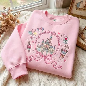 Coquette Bow Castle Embroidered Sweatshirt, Magical Castle Shirt, Magic Kingdom Tee, Holiday Vacation Shirt, Girls Trip Shirt