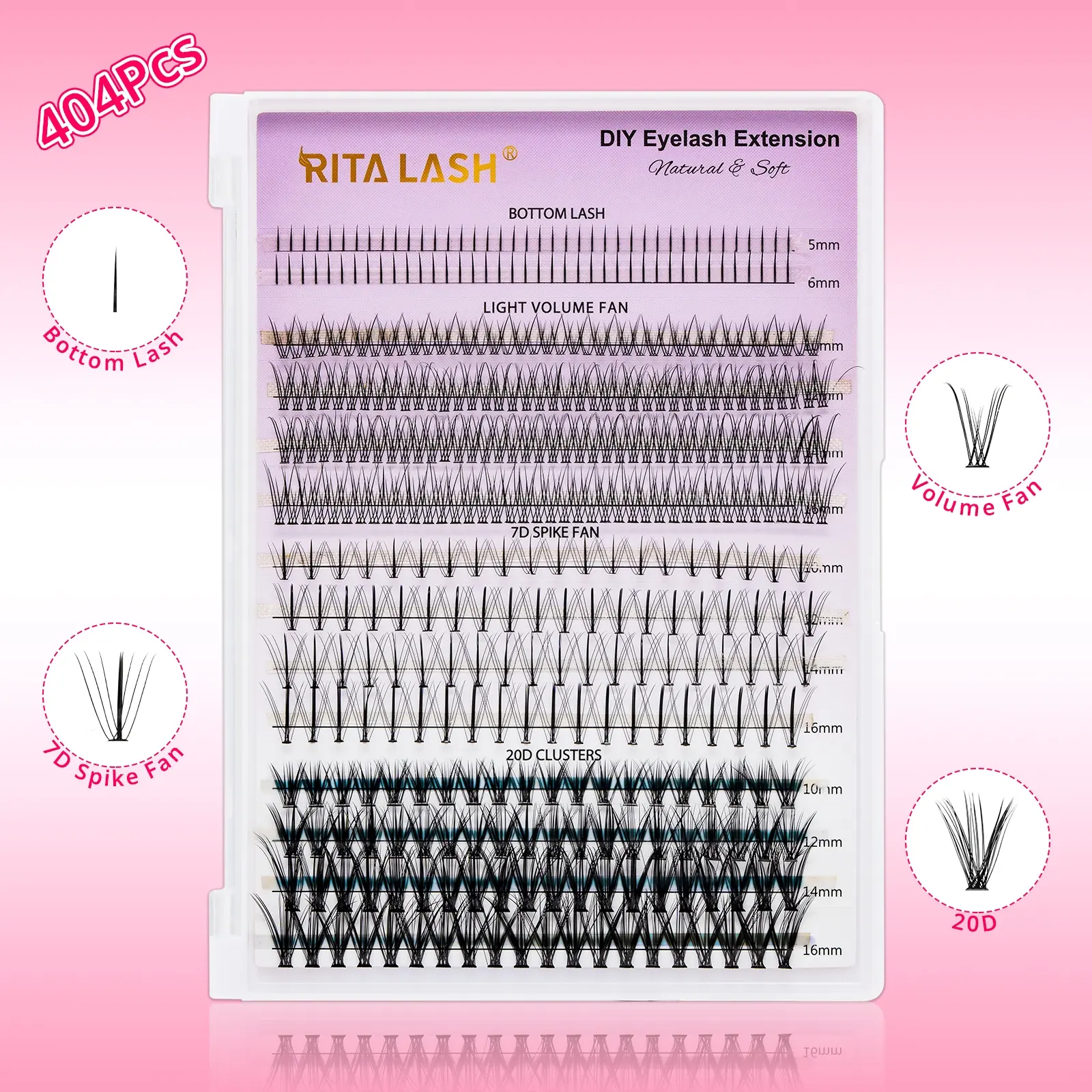 RITALASH 404Pcs Large Capacity Eyelash 4 IN 1 D-Curly Lash Clusters DIY Eyelash Extensions, Wispy Lash Clusters, Natural Look, Mega Volume Lashes, Bottom Lashes/Volume Fans 20D Reusable Individual False Eyelashes DIY Eyelashes
