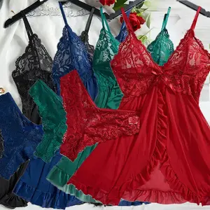 Women’s Short Sexy Nightgown/Dress Bodysuit Sleepwear Lingerie Set – Lace Garter Belt & Halter Neck Nightdress