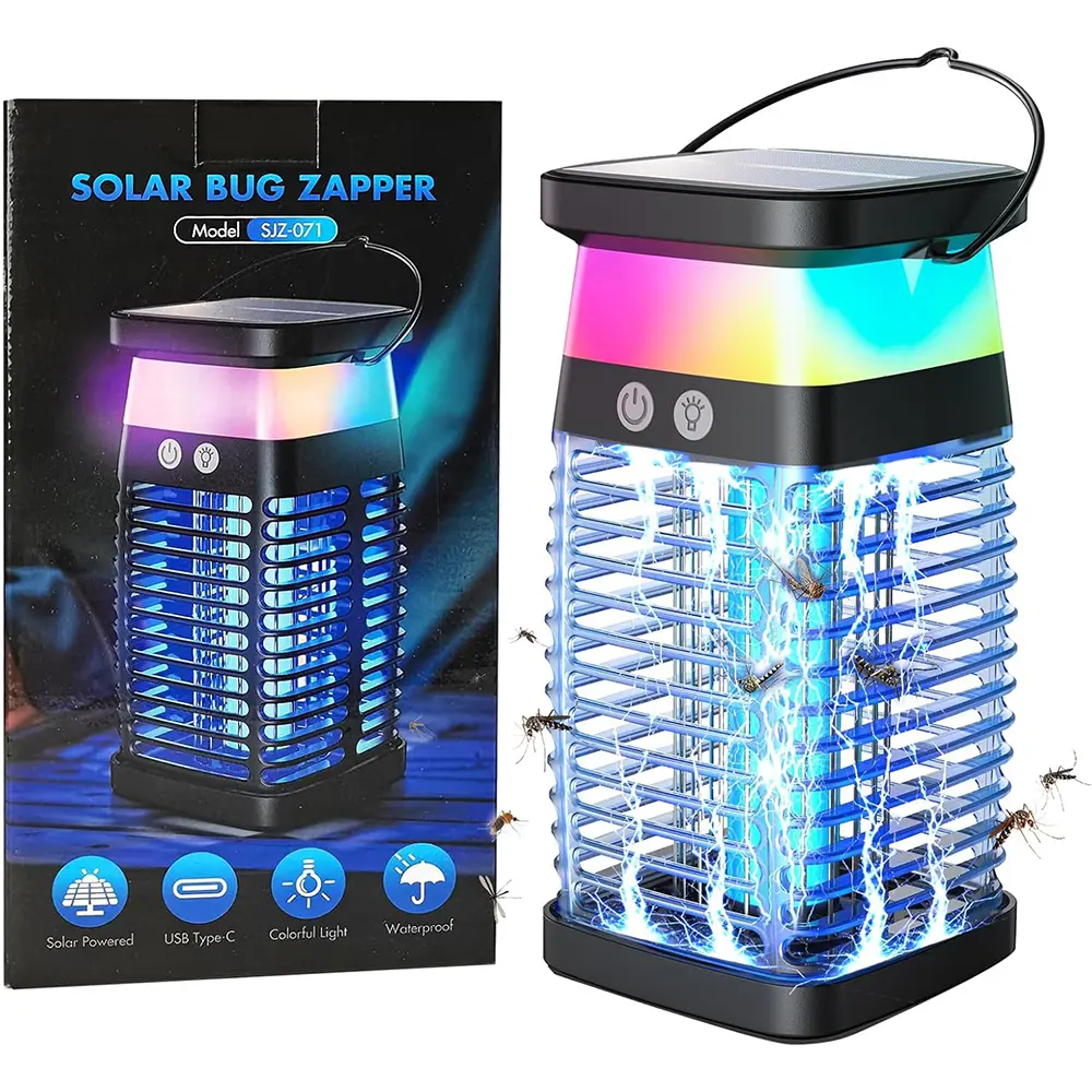 Solar Rechargeable Electric Mosquito Zapper Insect Killer with Fly Repellent - IP68 Waterproof, Plug-In, RGB Light, Reading Lamp - for Patio, Camping, Home Household Electronic Pest Control Appliance