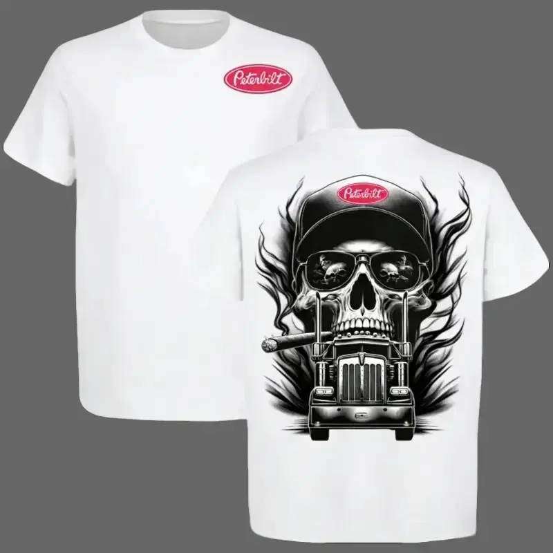Peterbilt Skull Trucker TShirt, Truck Driver Shirt, Biker Skull Shirt, Big Rig Shirt Men, Trucker Life Tee, Heavy Duty Truck Lover Tee, Gift For Trucker Retro Print Cotton Short Sleeve Tee for Men Women Streetwear