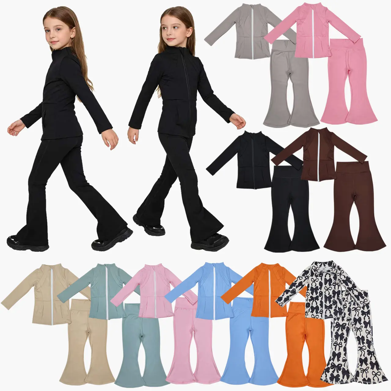 Kids' 2-Piece Solid Black Bell Bottom Athletic Set, Girls' Jersey & Shorts Sportswear with Stretch for Yoga, Cheer Game Day Winter Outfit for Active Stylish Kids (Sporty Vibe), 2 Piece Sets, Kids Clothing Girls