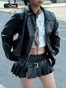 Women's Preppy Motorcycle Jacket, Casual Loose-Fit Long Sleeve PU Leather Jacket, Autumn/Winter Fashion Outerwear for Women