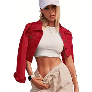 Women’s white cropped denim jacket — long sleeves, button closure, casual style with pockets, soft fabric, a perfect choice for outdoor wear in spring and autumn
