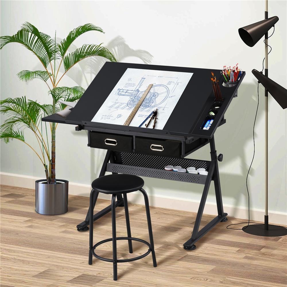 Yaheetech Drafting Table & Stool Set Height Adjustable Drawing Table Art Craft Desk with 2 Storage Drawers and Stool for Home Office Yaheetech Drafting Table & Stool Set Height Adjustable Drawing Table Art Craft Desk with 2 Storage Drawers and Stool for Home Office