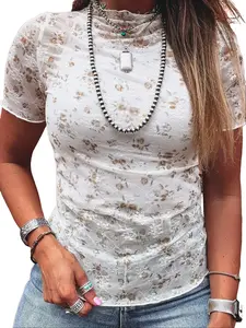 Women's Floral Polyester Mesh Top - Short Sleeve Mock Neck Sheer Slim-Fit Lightweight Shirt, Trendy Boho Layering Piece for Summer