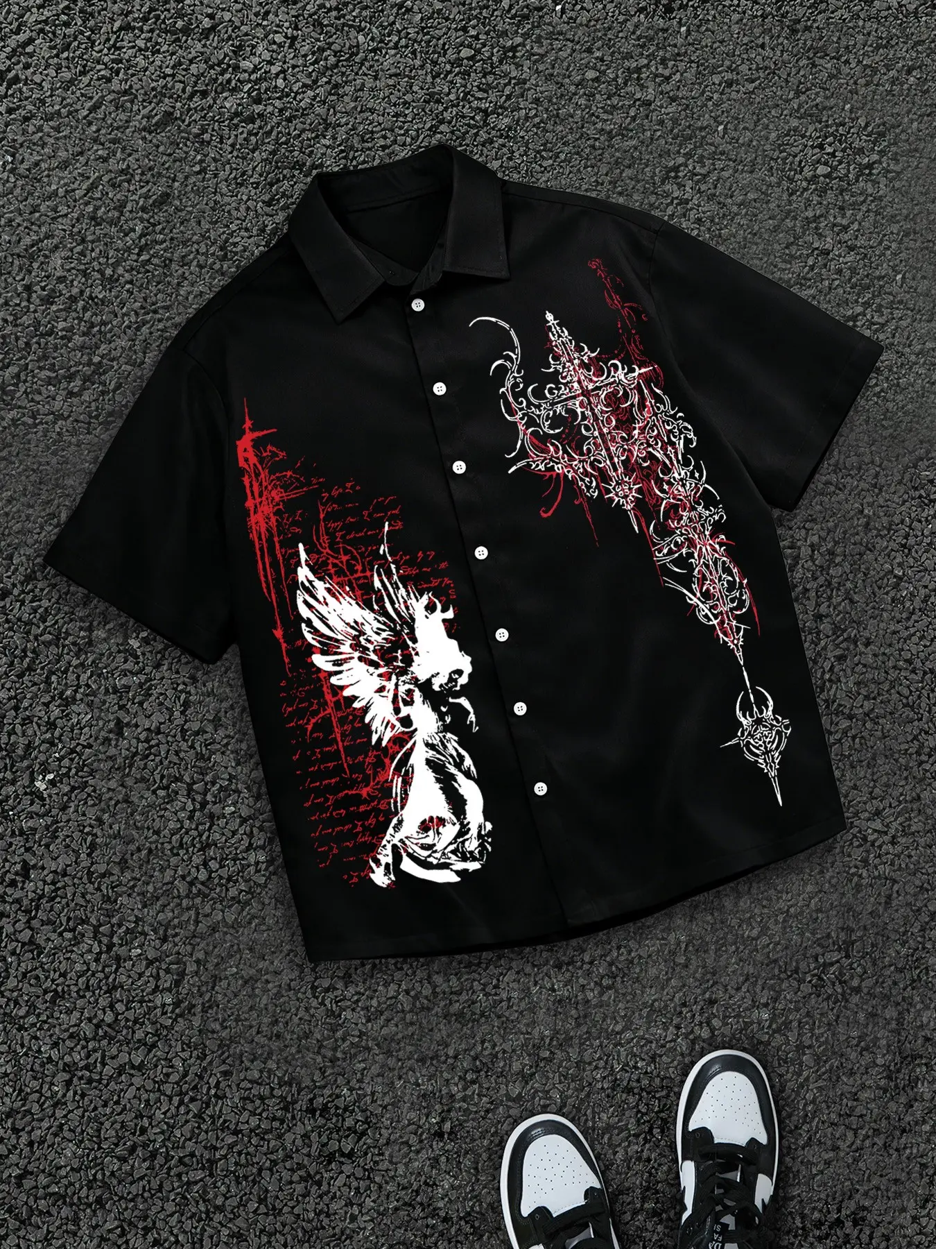 2026 Men's Cool Streetwear Classic Casual Style Graphic Button Down Top Shirt | Dark Aesthetic Dragon & Flame Print Oversized Short Sleeve | Edgy Y2K Grunge Summer Party Outfit Essential Menswear Casual Collared Shirt