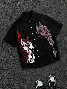 2026 Men's Streetwear Classic Casual Graphic Button Down Top Shirt | Dark Aesthetic Dragon & Flame Print Oversized Short Sleeve | Edgy Y2K Grunge Summer Party Outfit Essential Menswear
