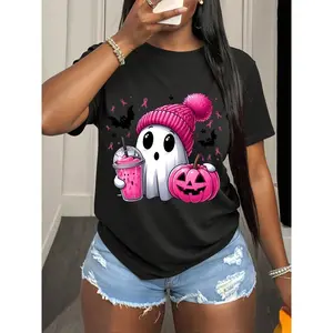 Plus Size Women's In October We Wear Pink Ghost Shirt, Halloween In October We Wear Pink, Breast Cancer Awareness T-Shirt For Women, Halloween Pink Ghost Pink Ribbon Shirt, Love Hope Survivor Tee, Stronger Than Cancer T-Shirt