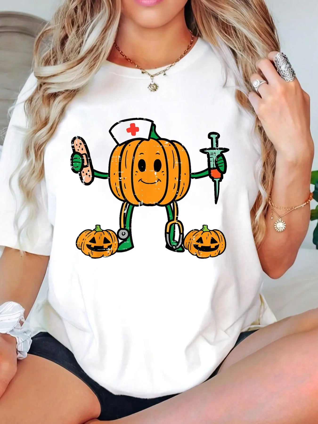 Women's 100% Cotton Round Neck Short-Sleeve Loose-Fitting Scrub Top - NICU Nurse Halloween Pumpkin Graphic Party Tee, Unisex Fit, Chic Style, Machine Wash, Tumble Dry, Cold Wash Safe, Do Not Bleach