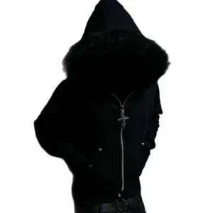 Mossy Label Rivet design Rock Gothic Dark Faux Fur Collar Y2K Zip up hoodie Streetwear Chic Zipper Hoodie sweatshirt Punk Hip Hop Pullover