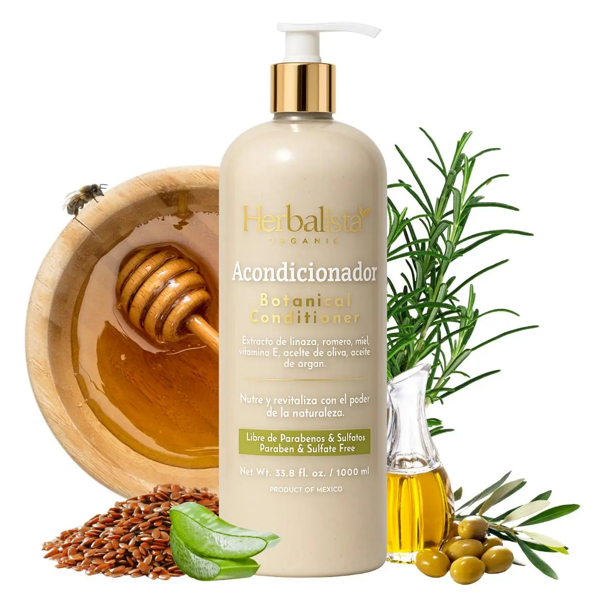 Herbalista Viral New Herbal Conditioner / Acondicionador 1000ml (33.8 fl oz) – With Rosemary, Coconut Oil, Flaxseed Extract, Aloe, Honey, Vitamin E & Olive Oil – Suaviza, Nutre, Hidrata – 100% Natural & Handcrafted
